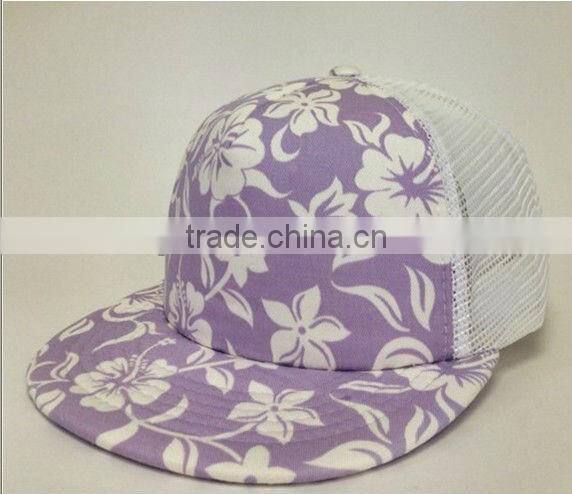 2013 pattern floral pattern pink 100% cotton flat brim Hawaii 5 panel blank mesh caps baseball