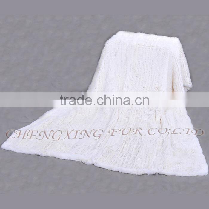 CX-D-95 European Fashion White Knitted Real Rex Rabbit Fur Blanket Area Rug For Living Room