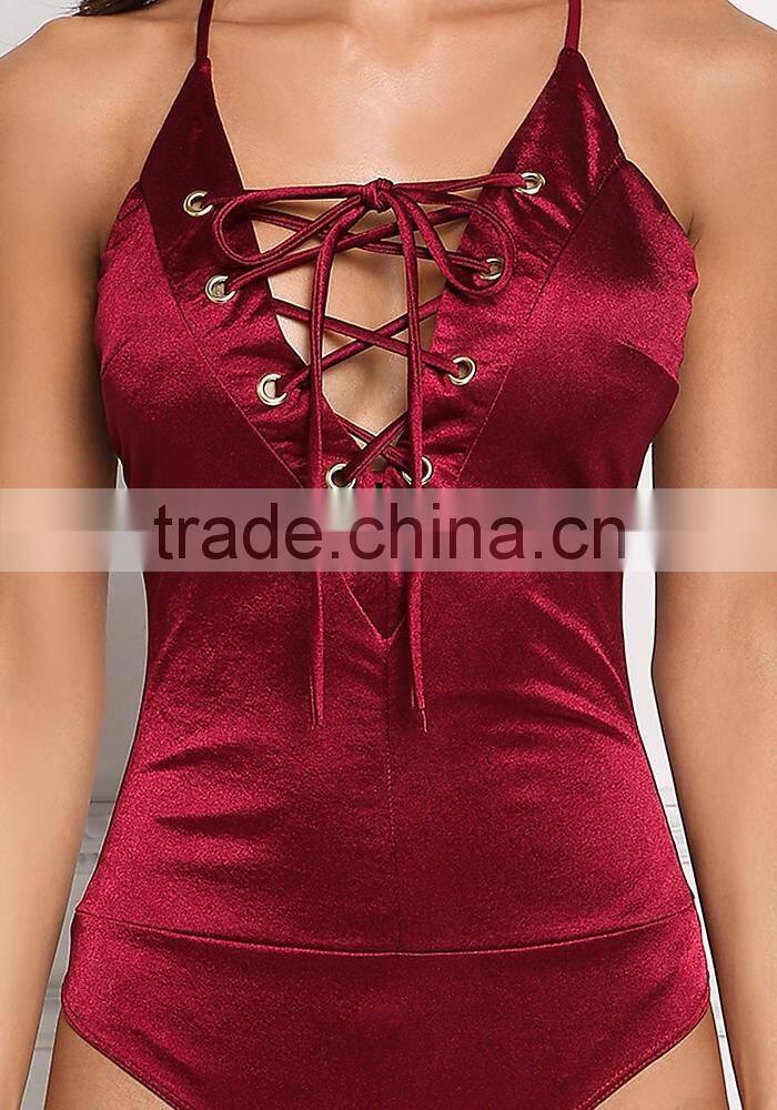 MGOO New Designs 2017 Lace Up Cross Strap Bodysuits Burgundy Satin Playsuits 2017 Summer Designs Beach Style