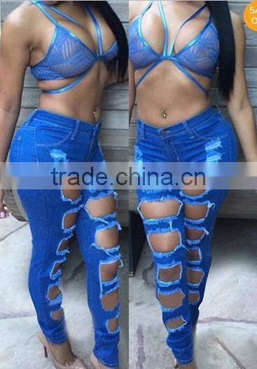 women brand pants Ladies Casual blue with waist-length Ripped distressed female jeans