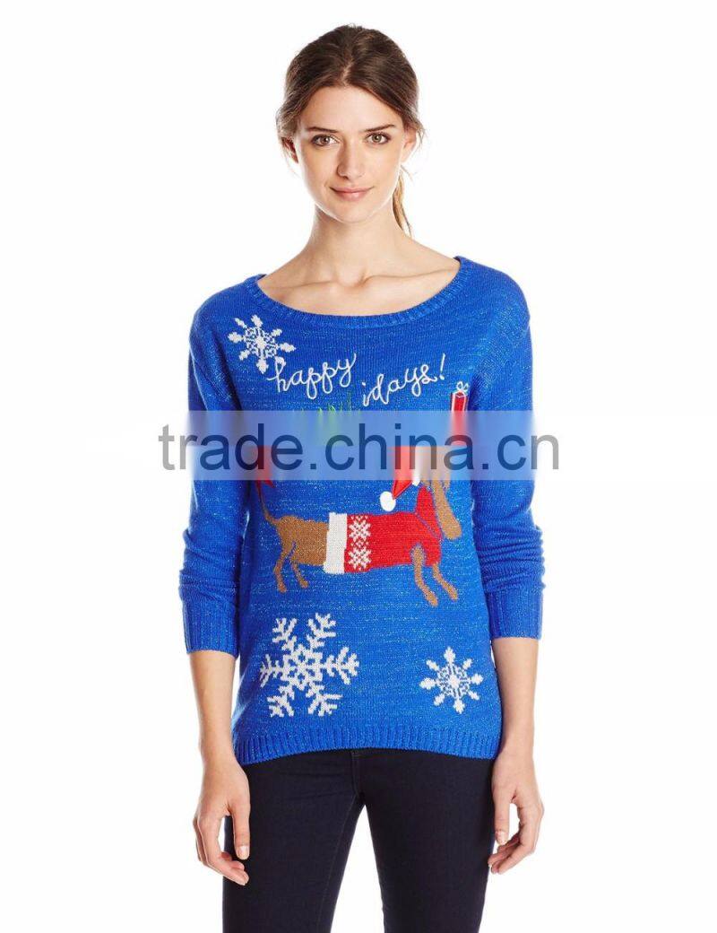 Women Blue Sweater Christmas Dog Pattern Christmas Sweater Unisex