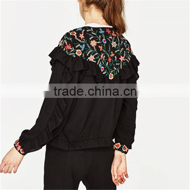 2017 custom designs women round neck embroidered jacket with frills