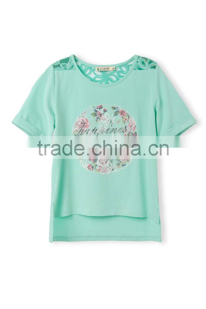 high fashion summer short sleeve lace printed designed crochet top fashion blouses 2015, design short sleeves elegant blouses