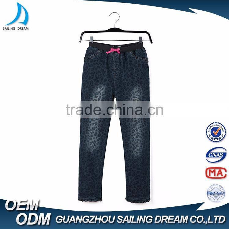 2017 Guangzhou Apparel factory pink bow - kont warm fleece kids ruffle printed jeans pants