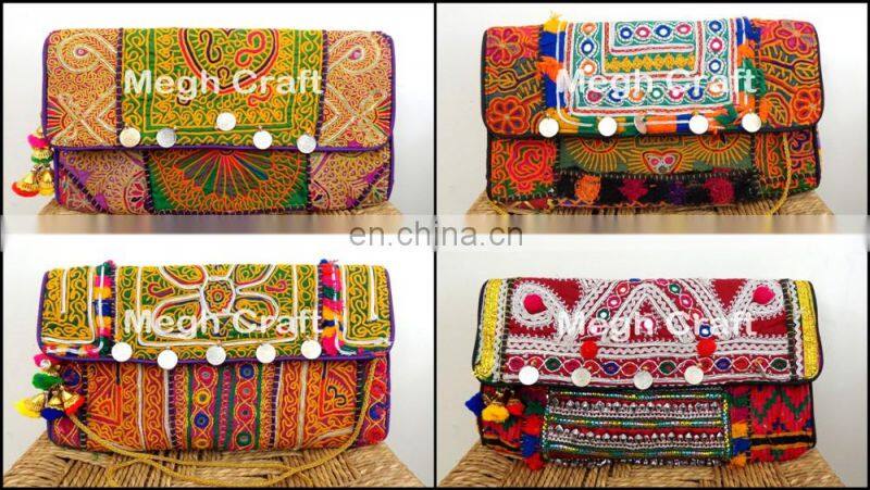 Designer hippie gypsy mirror work Leather tote bag- Designer Embroidered Mirror Work Leather tote Bag