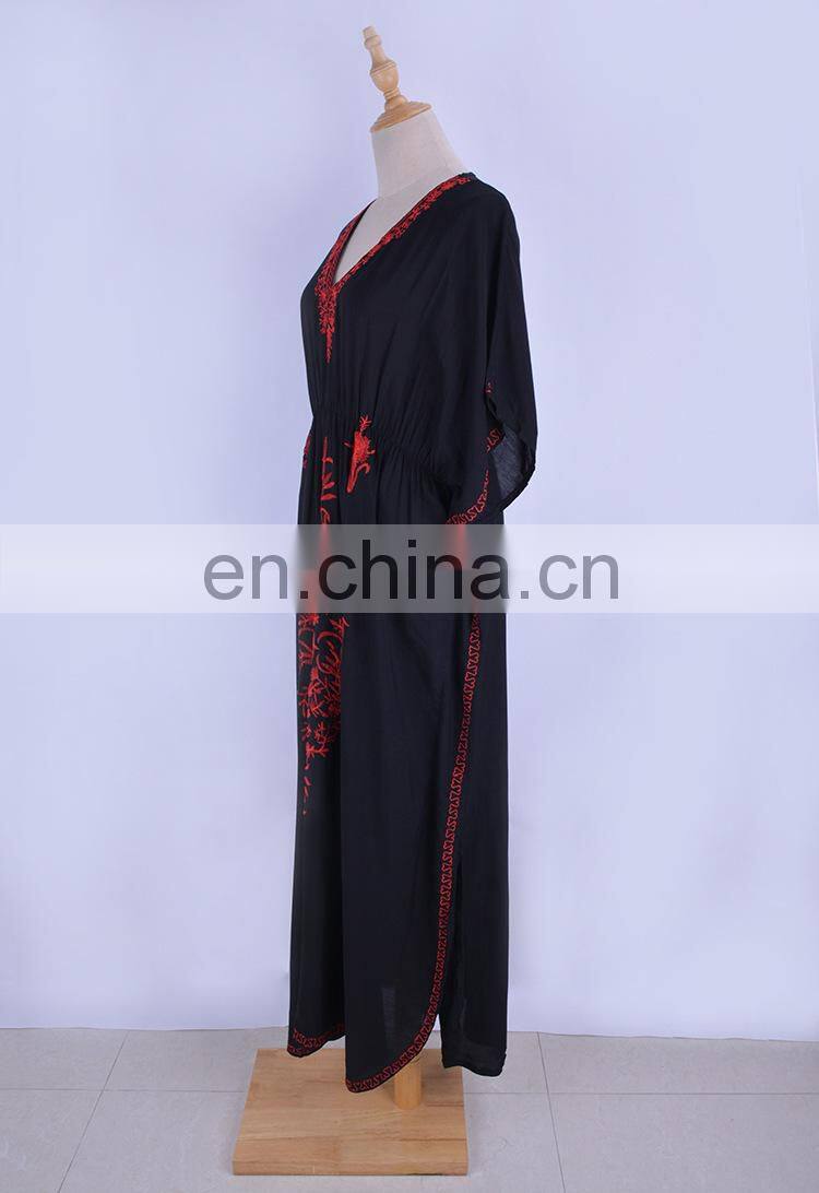 2019 Black Indie Folk Embroidered V-Neck Bats Sleeve Side Split Loose Summer Beach Dress Plus Size Women Beachwear Caftan