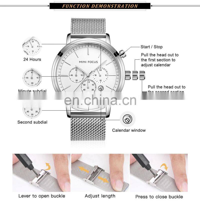 MINI FOCUS 0297G Fashion Men's Wrist Watches Luxury Design Quartz Watch Men 30m Waterproof Blue Stainless Steel Watch