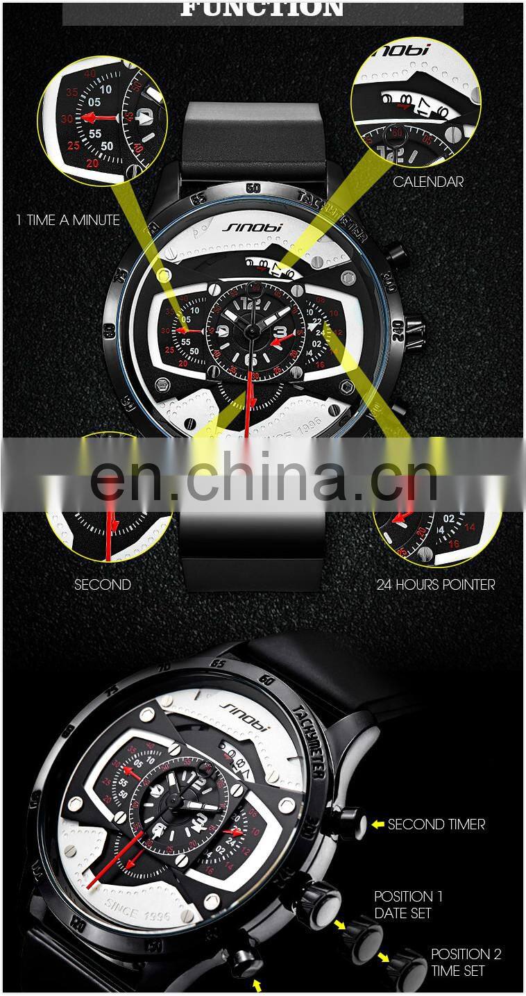 SINOBI 9789 Men's Men Quartz Watches New Fashion Silicone Band Watch OEM Chronograph Calendar Man Hand Watch