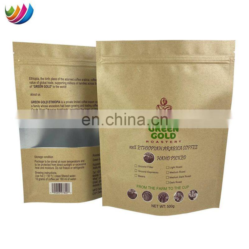 Custom Printed Stand Up Pouch Compostable Kraft Paper Coffee Bag With Valve And Zip
