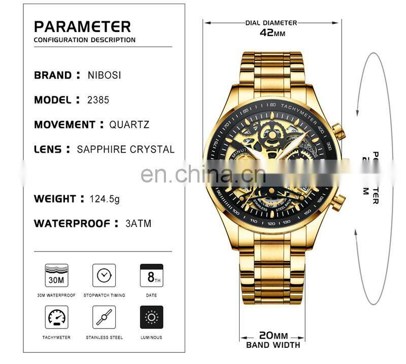 NIBOSI New Hollow Fashion Large Dial Men's Watch Multifunction Calendar Sports Watch Waterproof Quartz Watch
