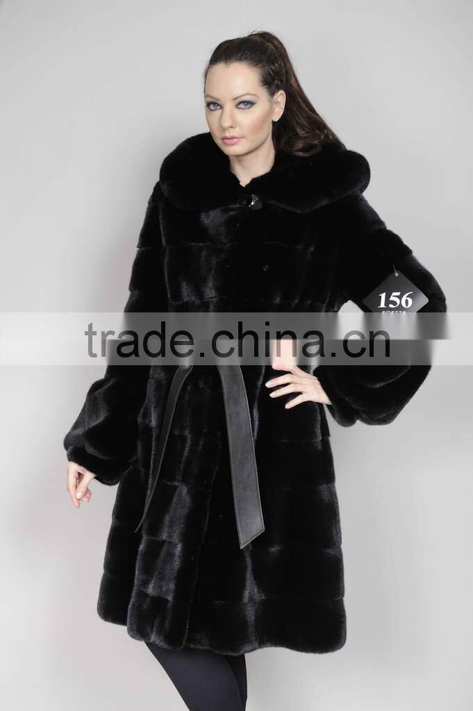 horizontal black mink fur coat with hood