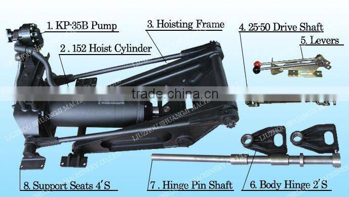 automatic hydraulic hoist for rear dump truck with hinge assembly