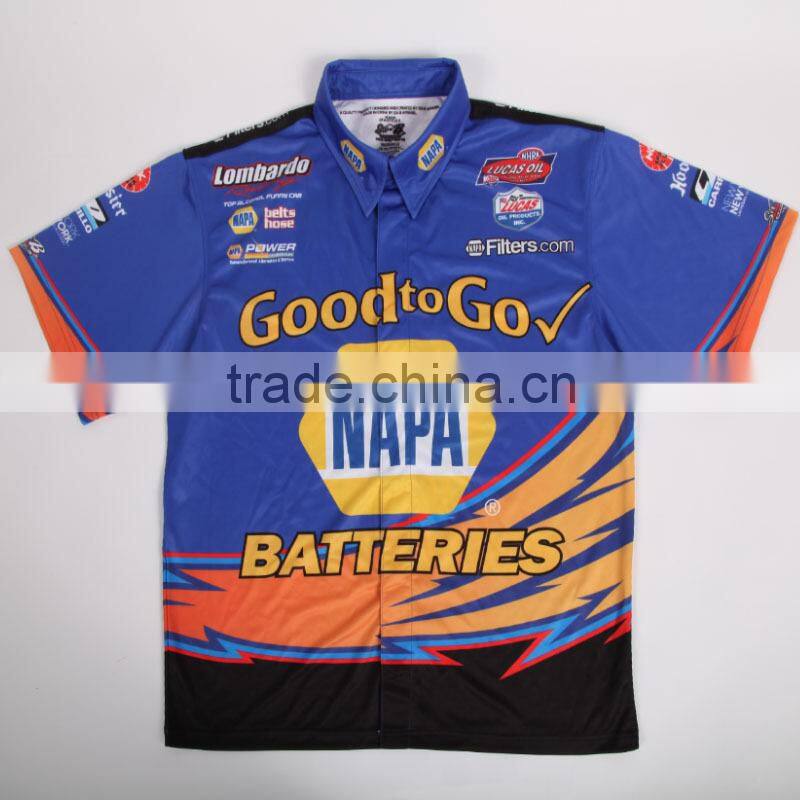 2015 100% polyester microfiber sublimated custom pit crew shirts
