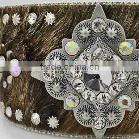 REAL GLASS CRYSTAL STUDDED HORSE HAIR WESTERN BELT FOR COWGIRL