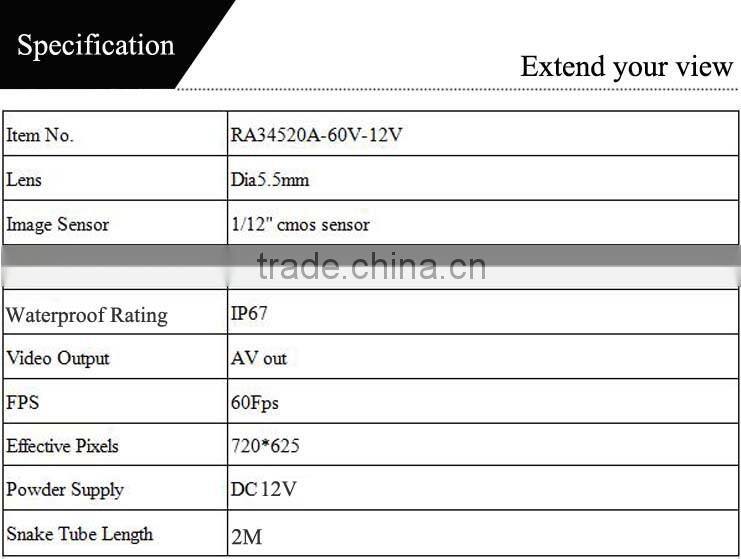 waterproof 2 meter flexible tube video camera for automobile a/c cleaning