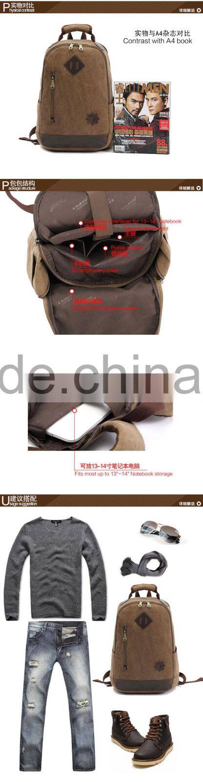 Canvas School Backpack with PU Leather Trim Vintage Rucksack Laptop Satchel Bag Khaki Canvas Backpack Knapsack