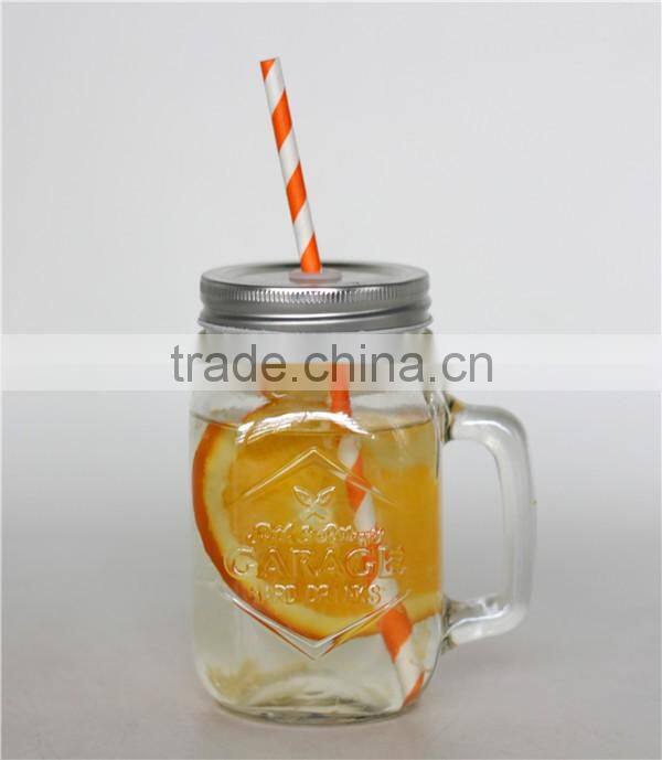 wholesale glass mason jar with handle and paper straw, metal lid 480ML