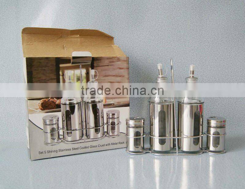 set 5 shining stainless steel coated glass cruet with metal rack