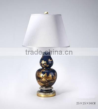 Hand Painting Antique Table Lamp With Shade, Imitated Calabash Desk Lamp, Cobalt Blue Carved Wooden Decor Lamp