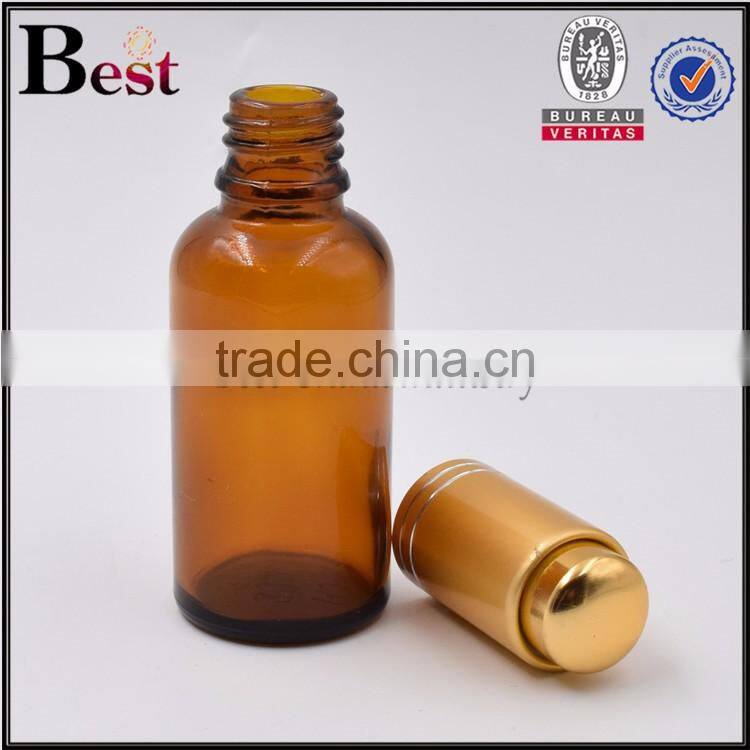 2017 selling 30ml oil glass bottle amber round shape oil glass bottle essential aluminum pump oil glass bottle