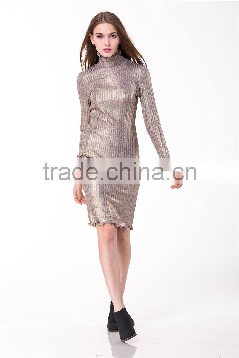 2017 New arrival Metallic Gold Knitted Sweater Long Sleeve Hight Neck Tight Fit Pullover & Skirt Co-ord Set