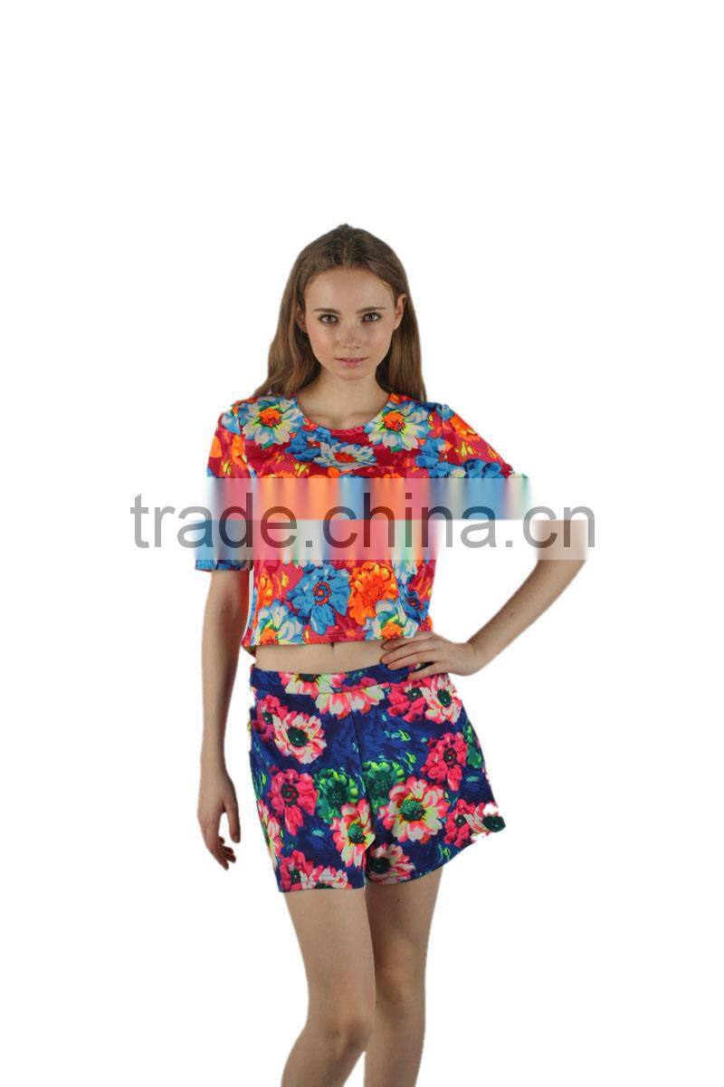 2015 New Fashion Ladies Printed Floral Crop Top Set