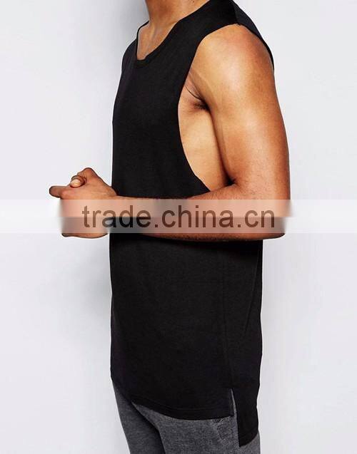 Men summer 100% cotton jersey longline sleeveless plain black t-shirt tank tops OEM custom