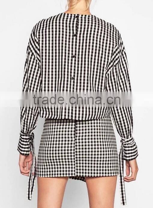 Runwaylover EY2333B Europe Style 2017 Women Fashion Flare Sleeve Plaid Blouse