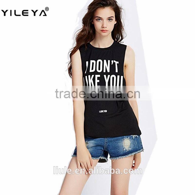 Women Gym Slim Black Print Round Neck Casual Tank Top ladies summer tank top