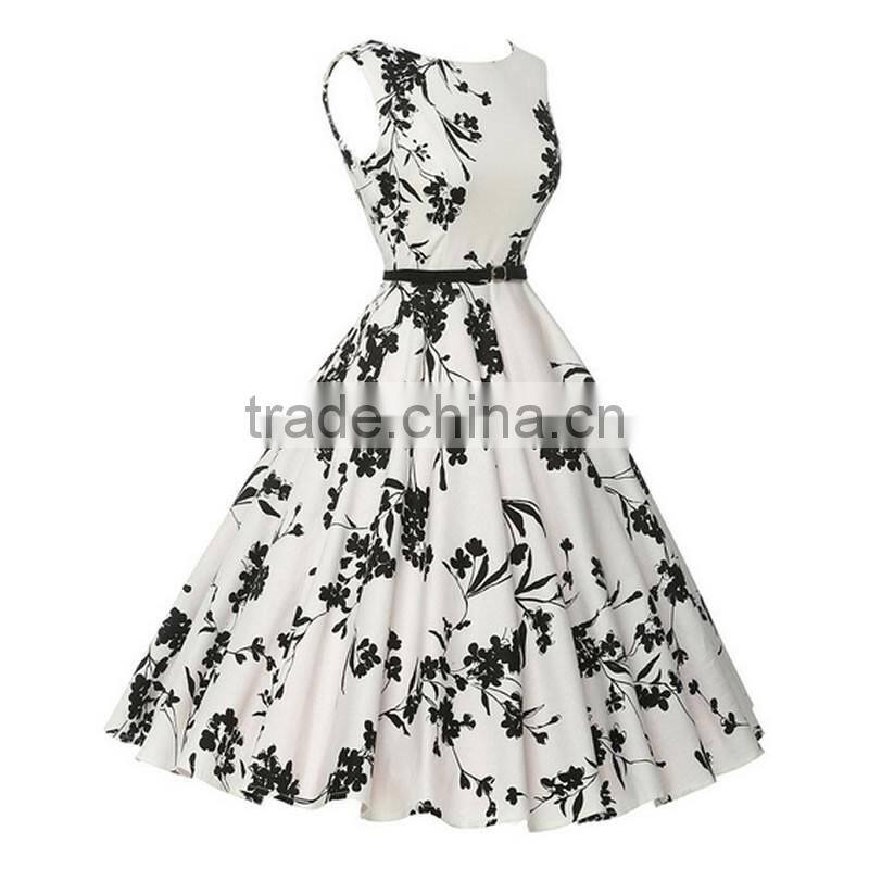 Hot selling Polyester One-piece Dress with belt printed floral white