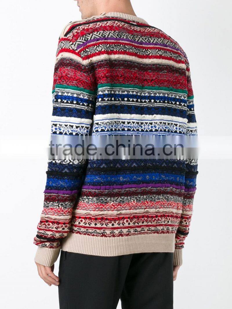 Multi Color Crew Neck Knitted Jumper Men's Intarsia Sweater with Button Decoration on Shoulders