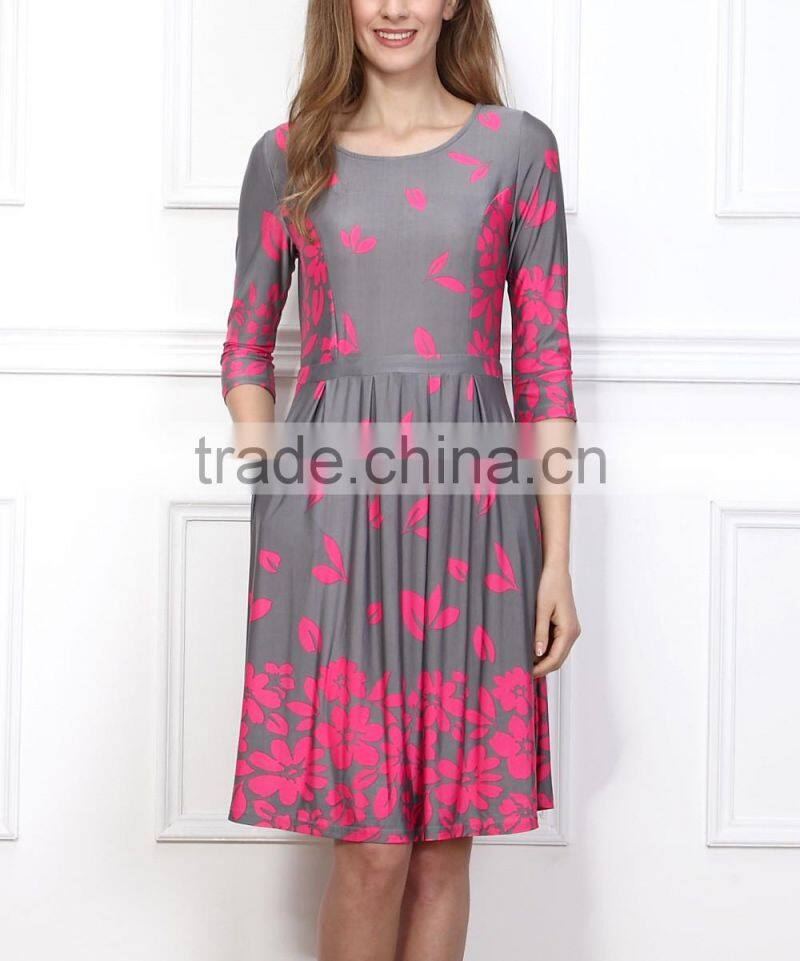 New Women Dresses With Gray And Fuchsia Falling Leaf Fit And Flare Pocket Dress Women Summer Dress Women Clothes GD90426-28