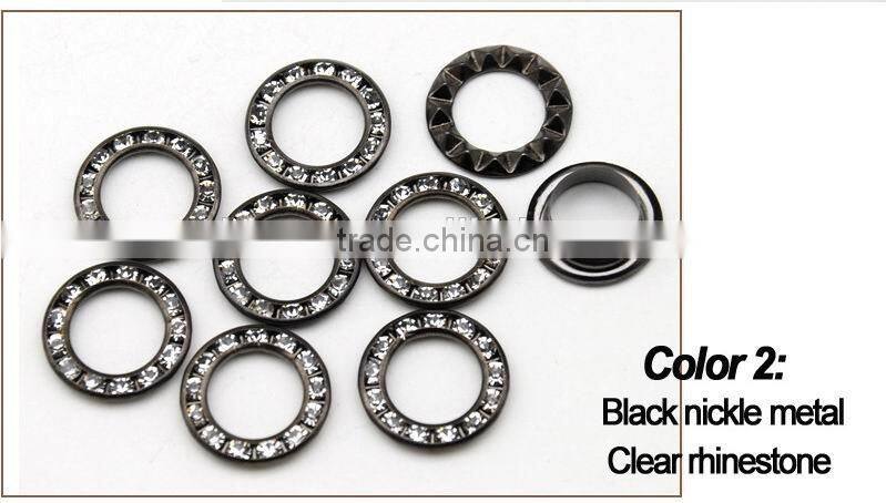 3 colors 15mm round metal brass rhinestone eyelets crystal diamond grommets glass eyelets RE-15mm-001