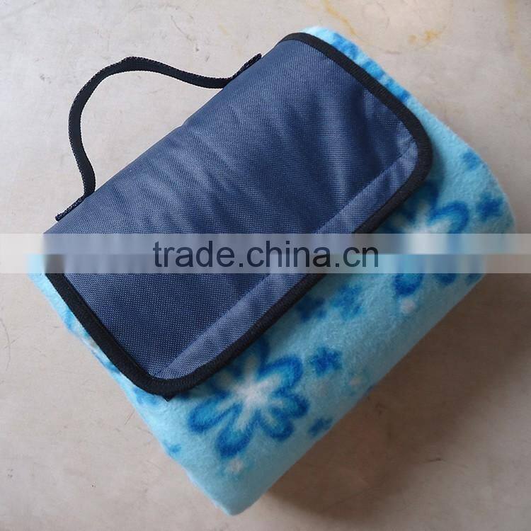 Blue fleece nylon polyester with handle travel waterproof foldable blanket