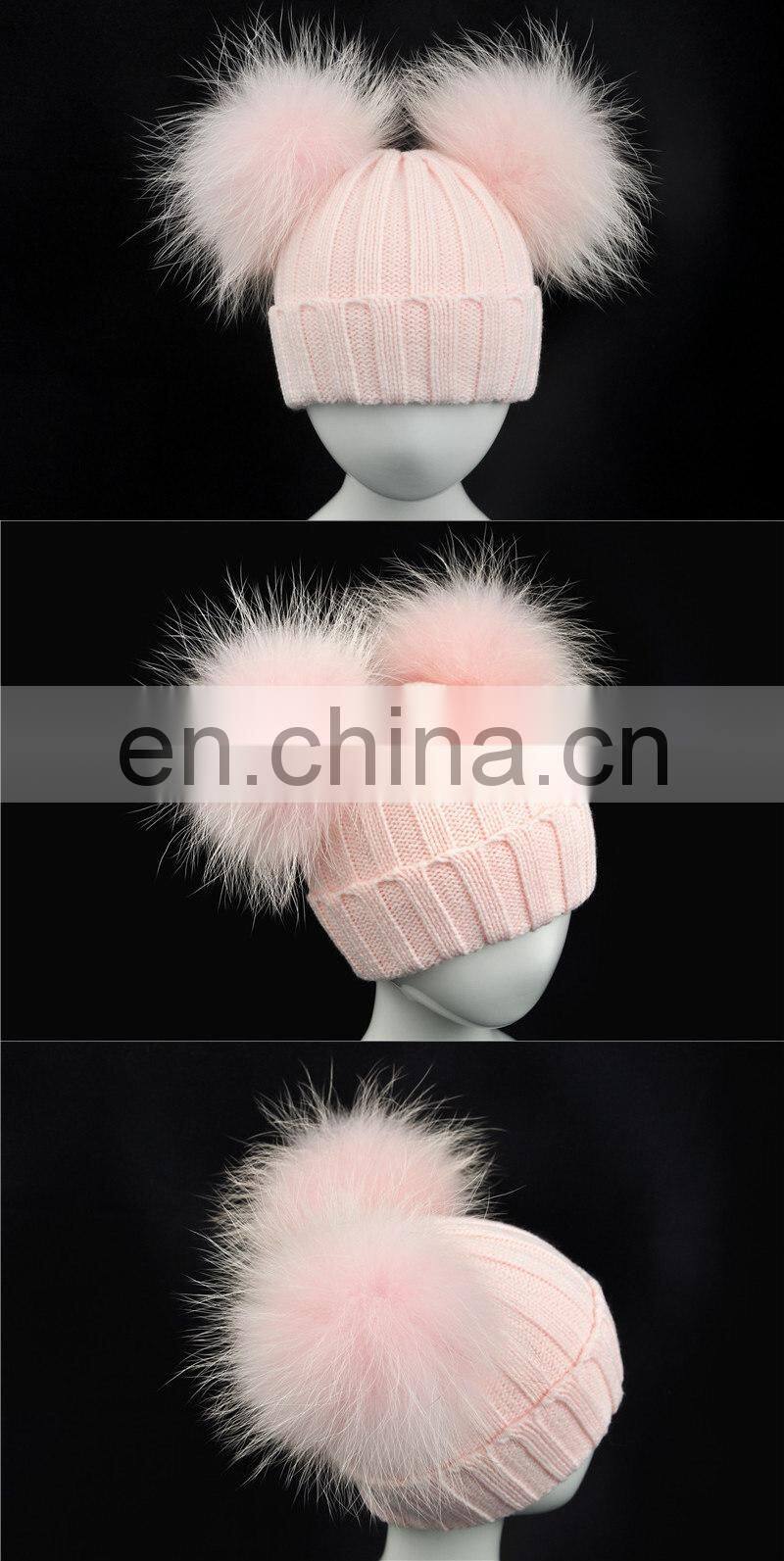 Brand Cute Baby Crochet Hats and Caps with Two Real Raccoon Fur Balls Top Color Matching Hat