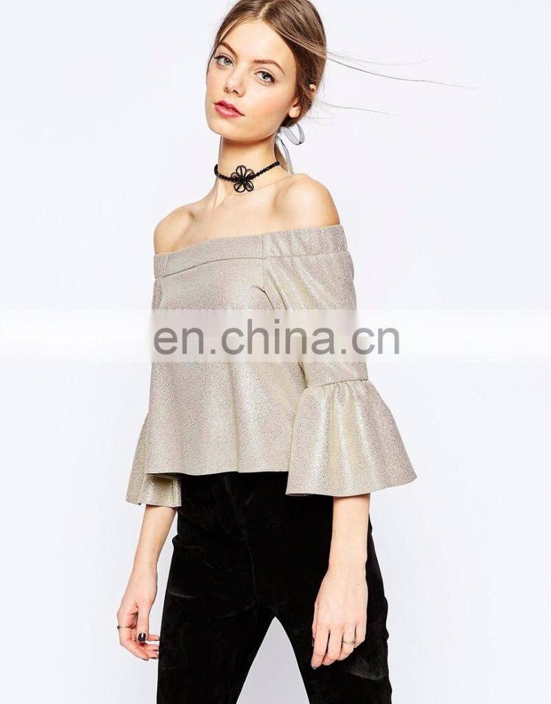 Ruffled sleeves off shoulder style latest fashion blouse design for lady