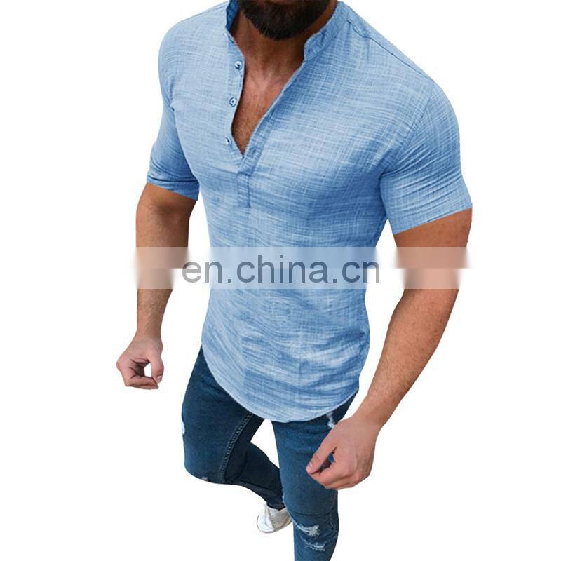 New Summer Men Fashion Cotton Linen Button-down Shirt Short Sleeve Mandarin Collar Solid Color Casual Tops