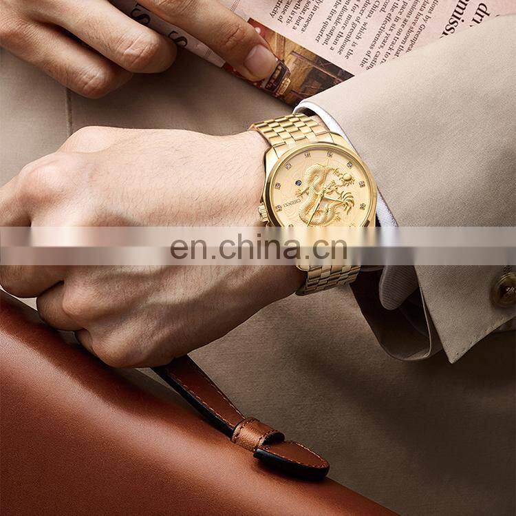 CHENXI 8220 Luxury Diamond Gold Men Watch Quartz Dragon Stainless Steel Analog Display Date Watches