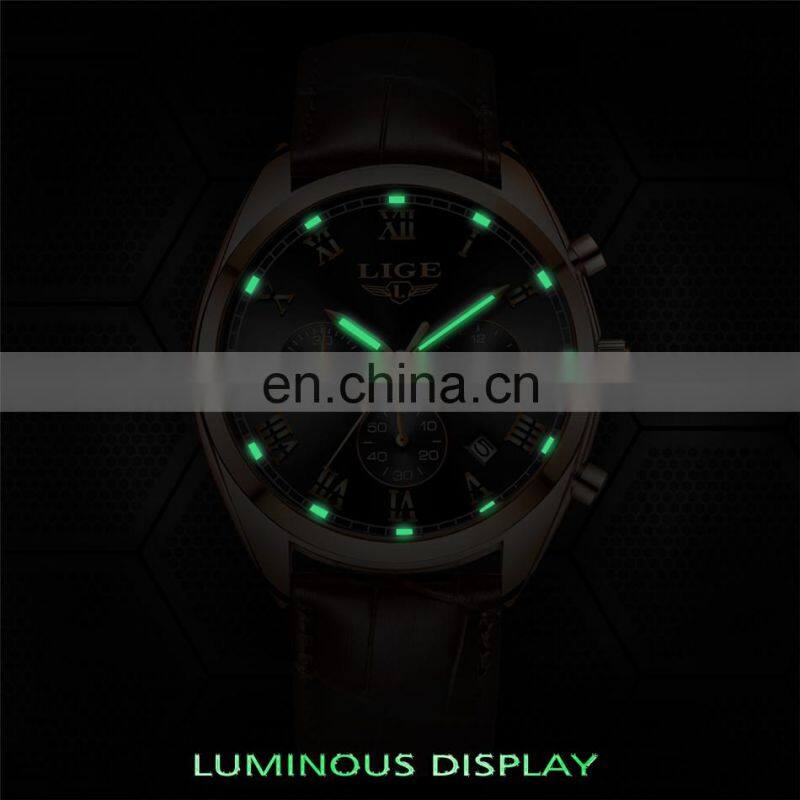 Lige 9852 24 Hour Date Men Quartz Watch Reloj Waterproof Clock Luxury Leather Watches Men Lige Brand