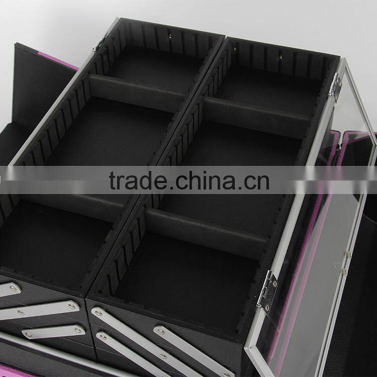 Purple professional rolling trolley makeup case with compartments for nail polishing artist