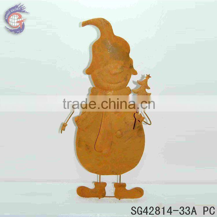 rustic metal gnome holding flower ground stakes for garden decorations