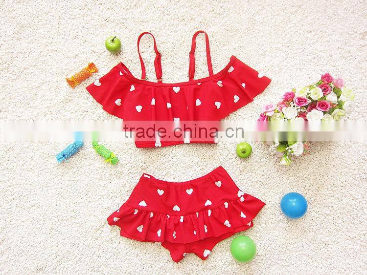 2015 Mom and Child Swimwear Lovely Falbala Heart Pattren Bikini Kids Two Piece Swimsuit