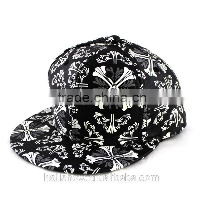 Punk Rock Flower Printed PU Leather Fabric Flat Hiphop Streetdance Cap
