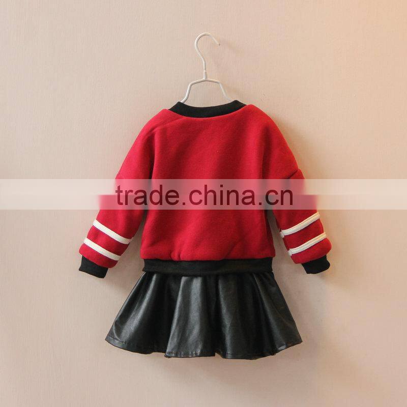 cute owl pics girls set long sleeve t shirt with black leather skirt red black 2 colors fashion children set