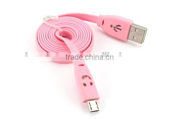 Hot sales flat noodle micro led smile face usb rope data charging cable