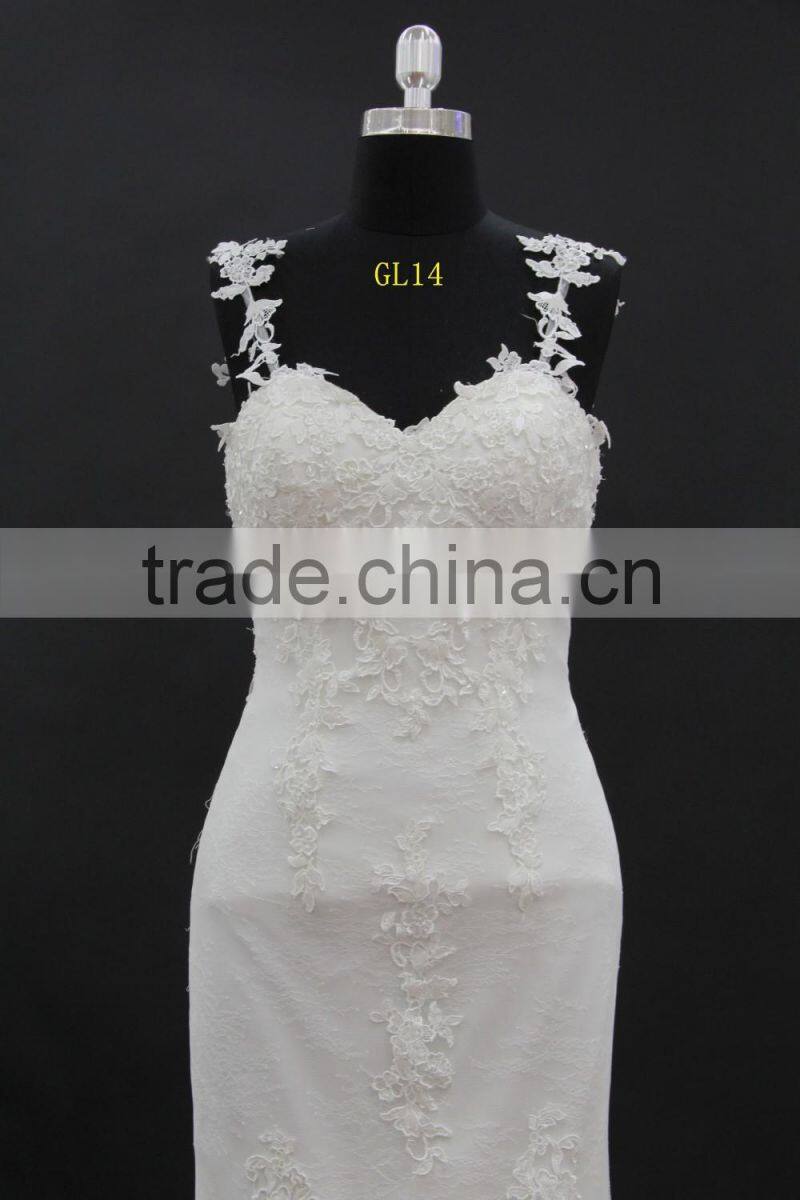 New french over lace sheath pattern long tail wedding dress with slim straps
