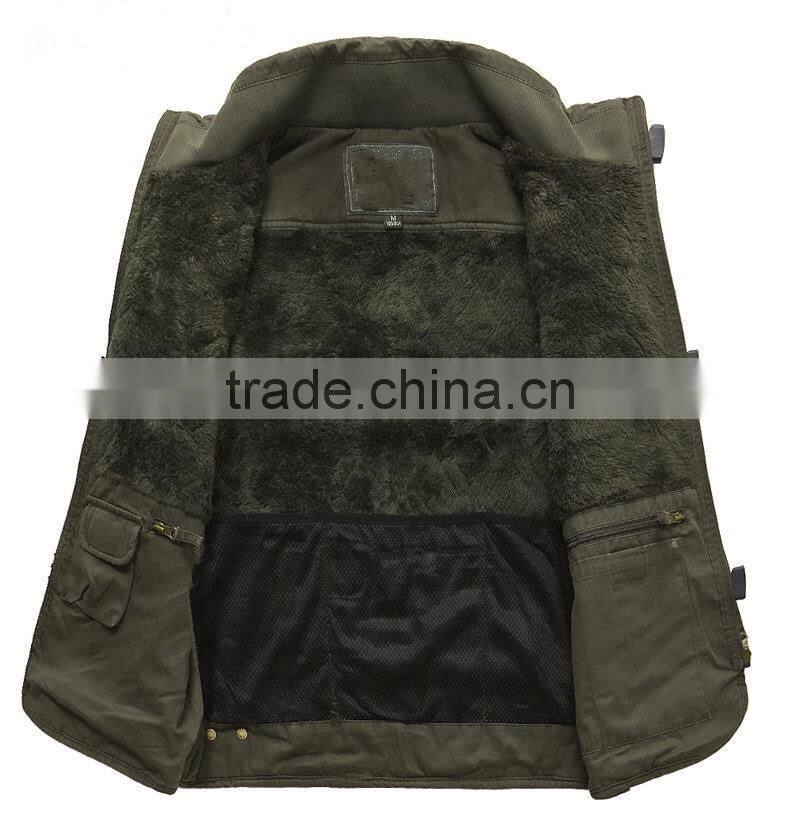 winter outdoor mens army color travel vest warm fleece line working vest with multi pockets