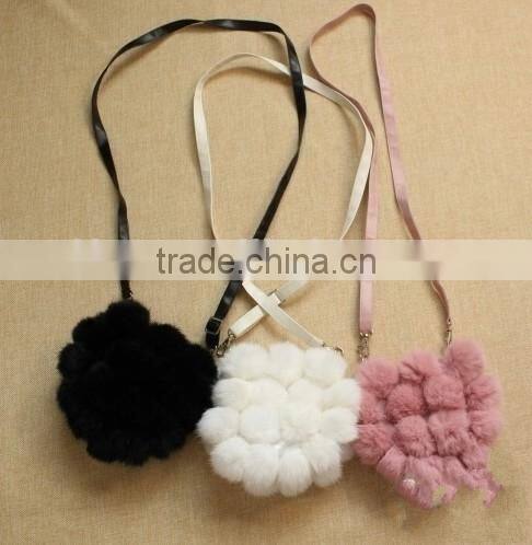 Lovely Design Unique Style Gather Rabbit Fur Pompoms Leather Chain Bags