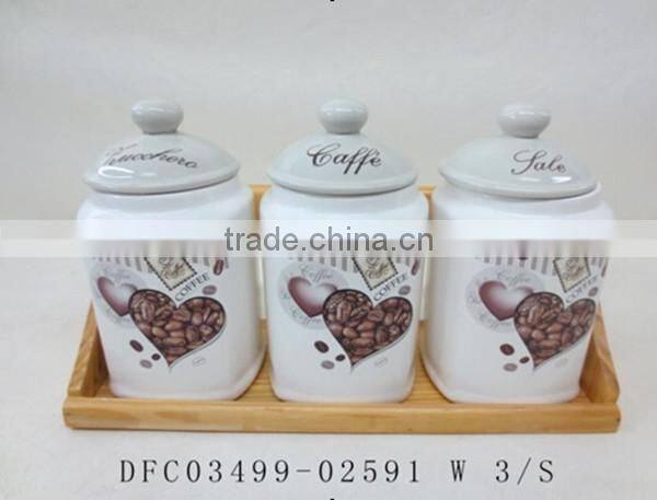 Olive Handpainted Ceramic Tea Coffee Sugar Canisters Set with Bamboo Stand