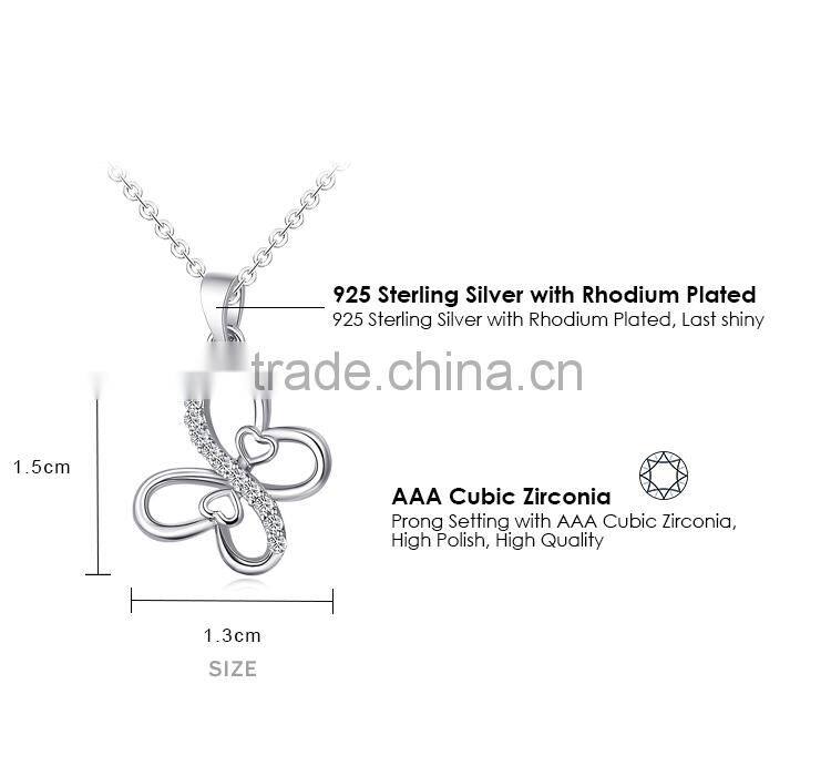Womens 925 Sterling Silver CZ Pave Rhodium Plated Butterfly Pendant Necklace
